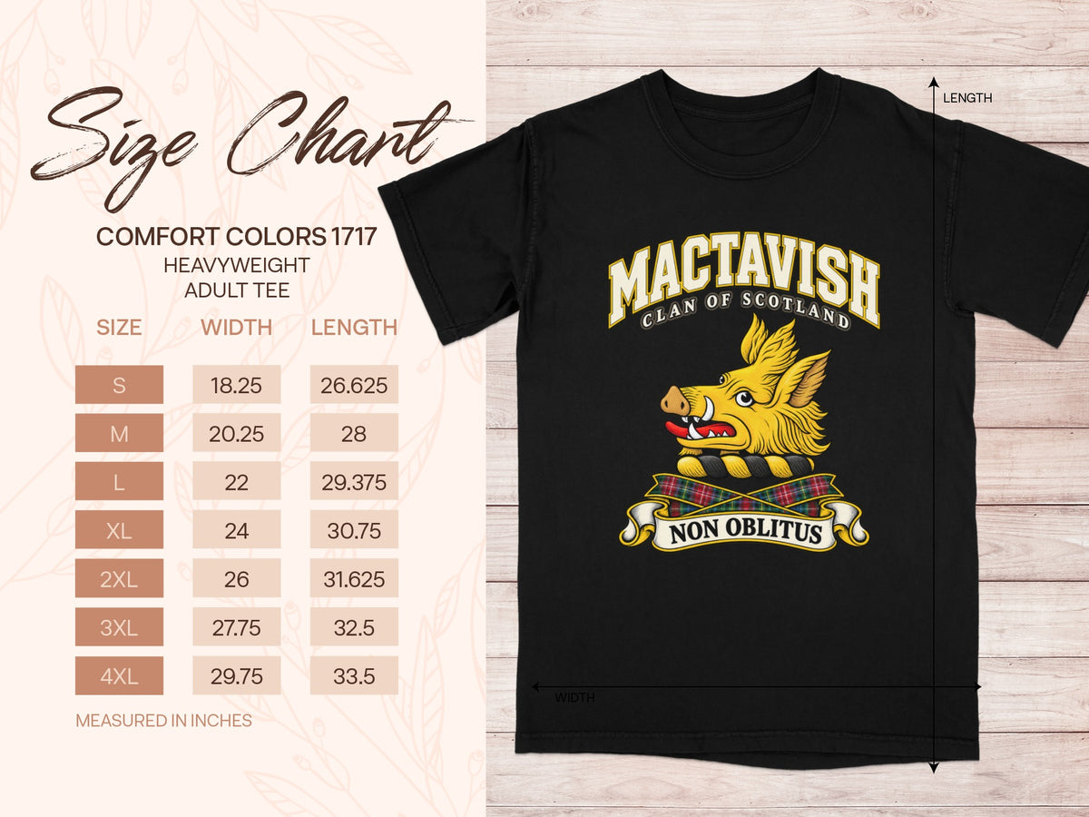 Comfort Colors 1717 size chart for the MacTavish Scottish clan T-shirt, adult sizes S–4XL.