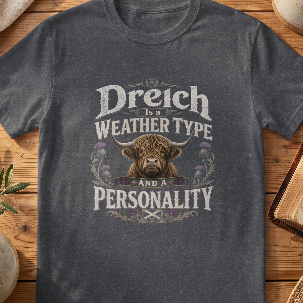 Dark grey Gildan 64000 unisex T-shirt flatlay with Dreich Is a Weather Type and a Personality Scottish graphic design
