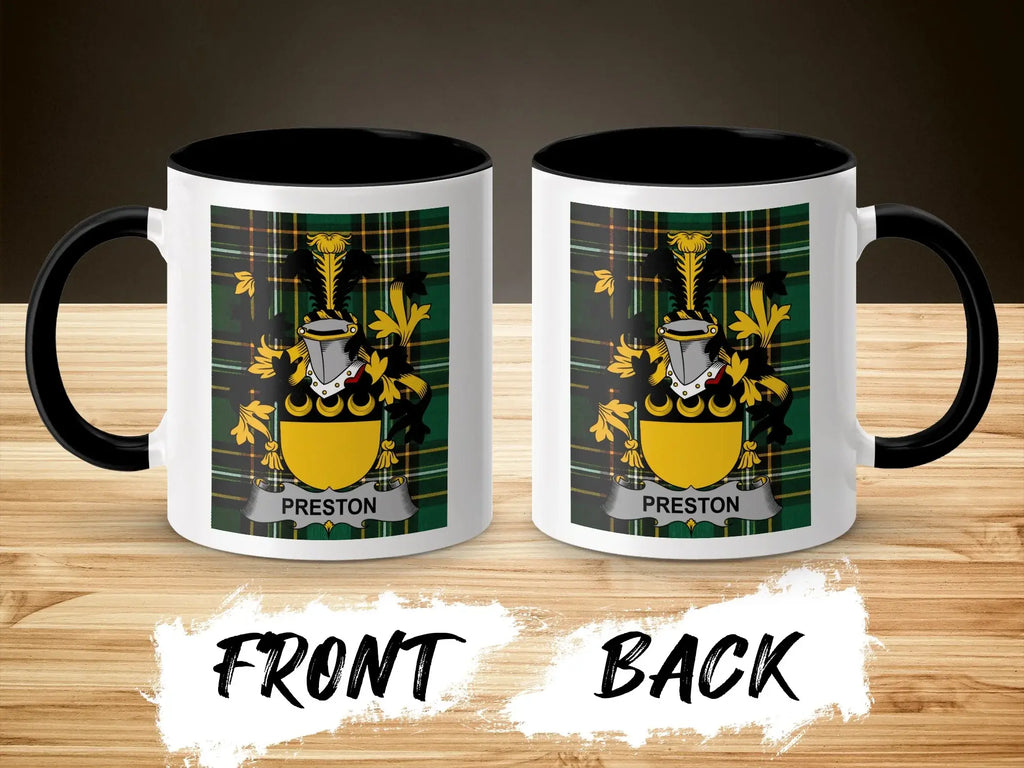 Preston ceramic mug with black handle and family crest on tartan background