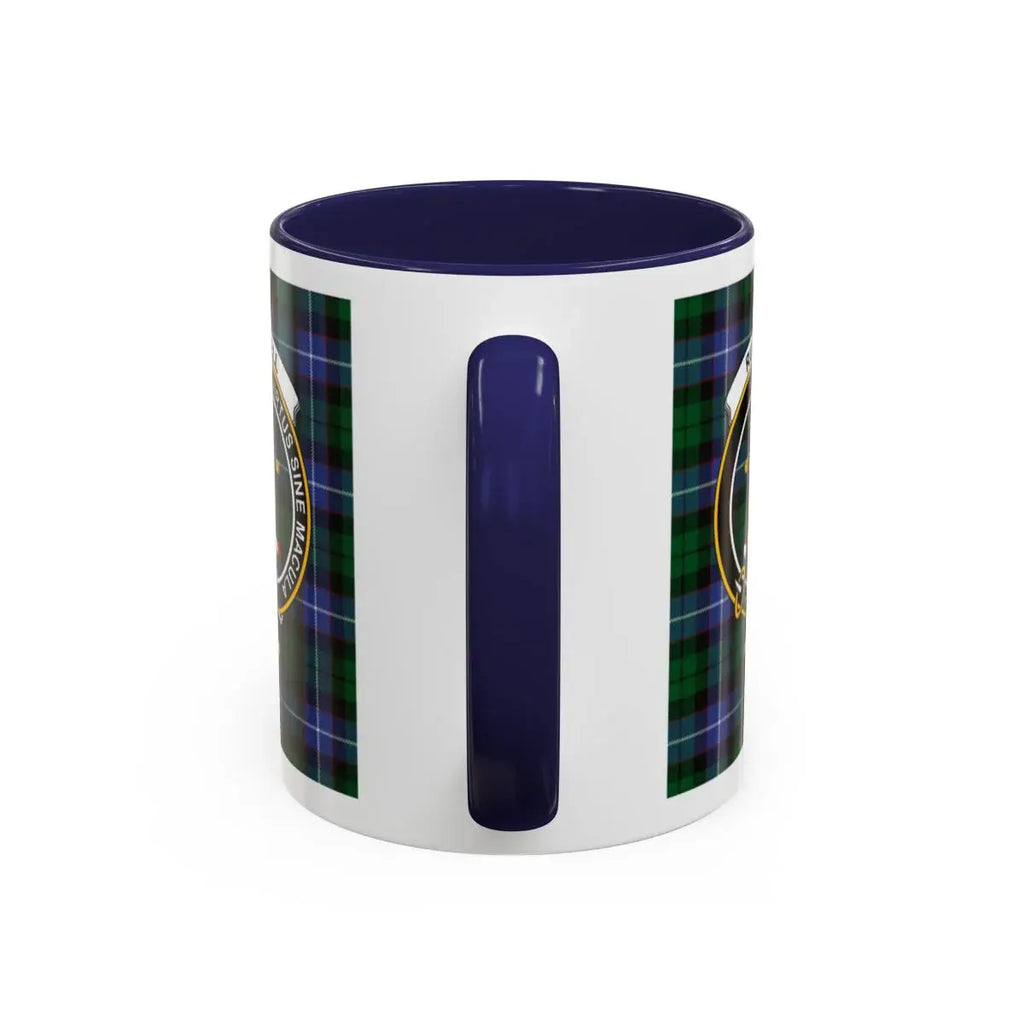 Russell clan tartan mug with navy blue handle — Virtus Sine Macula