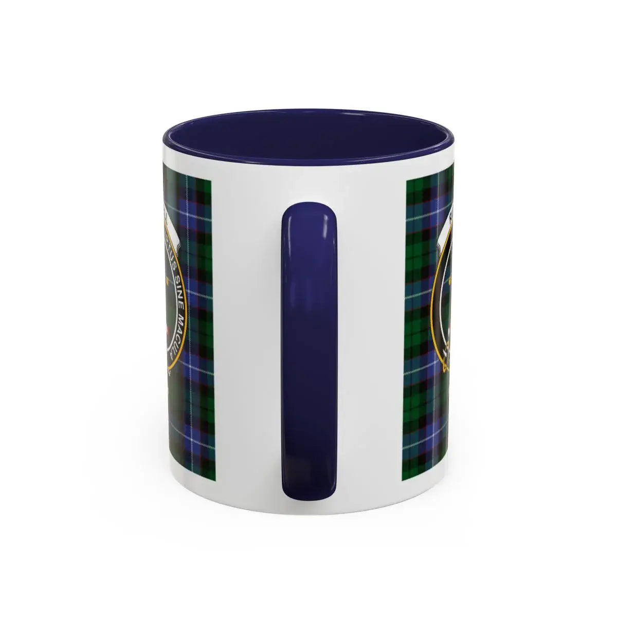Russell clan tartan mug with navy blue handle — Virtus Sine Macula