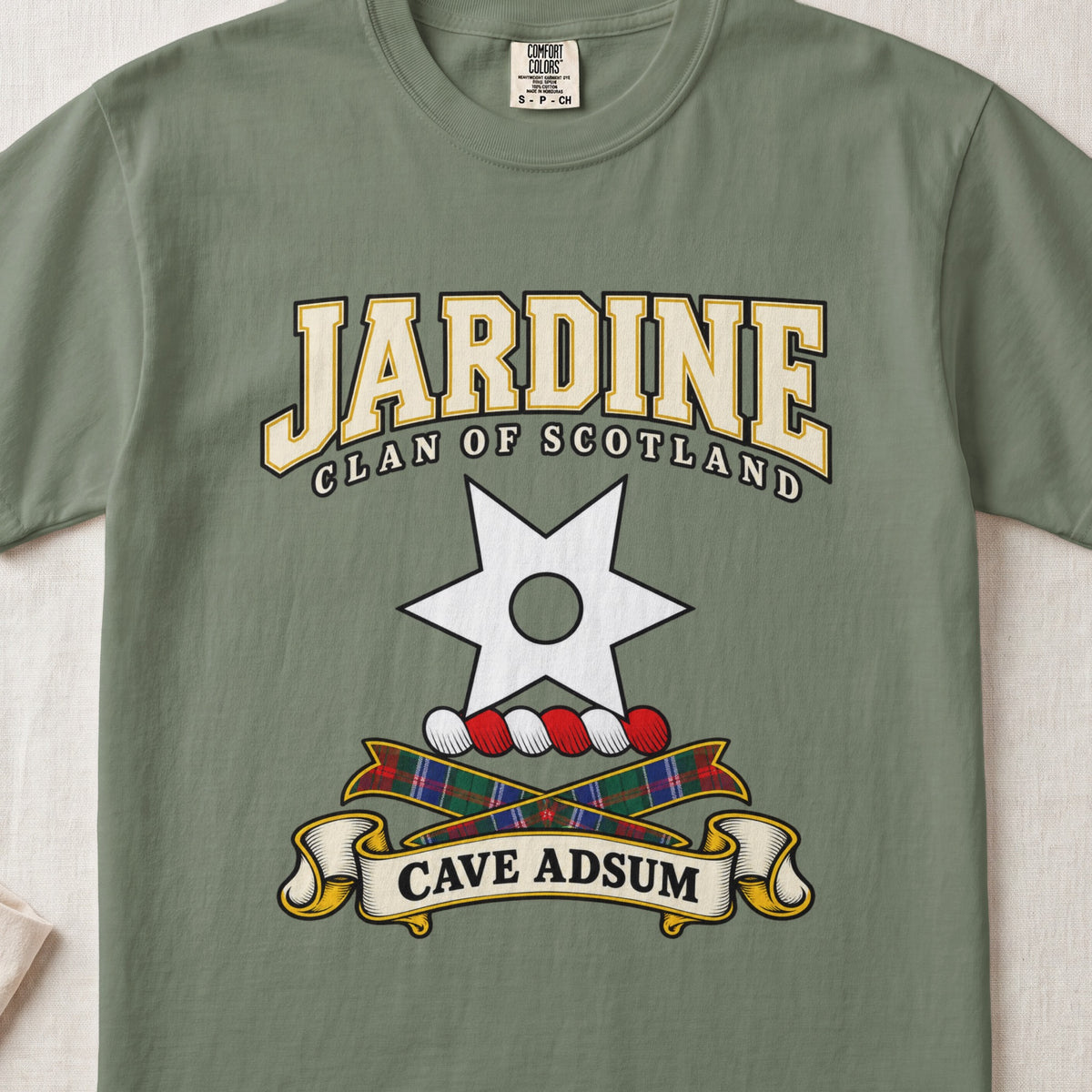Jardine Scottish clan graphic T-shirt in Moss, front view