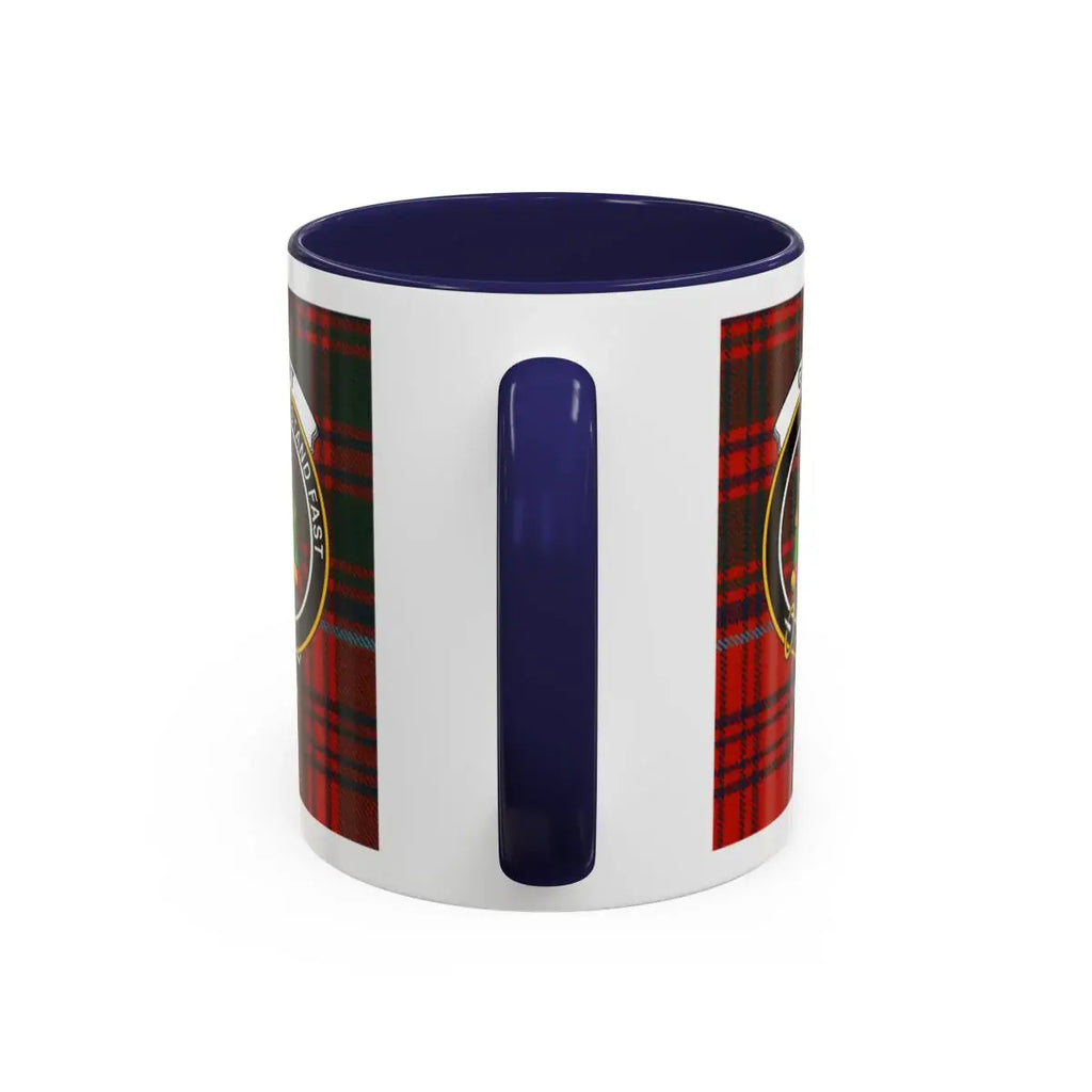 Grant clan crest tartan mug with blue handle — red and green plaid with Shield design, 11oz ceramic
