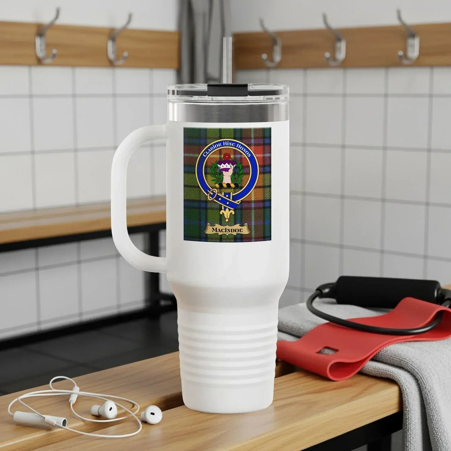 Clan Crest Badge on Tartan Background Travel Mug product