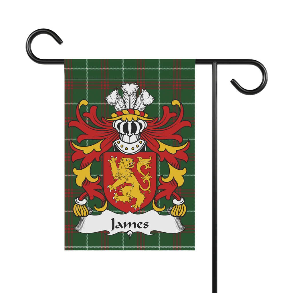 James family crest on green tartan garden flag.