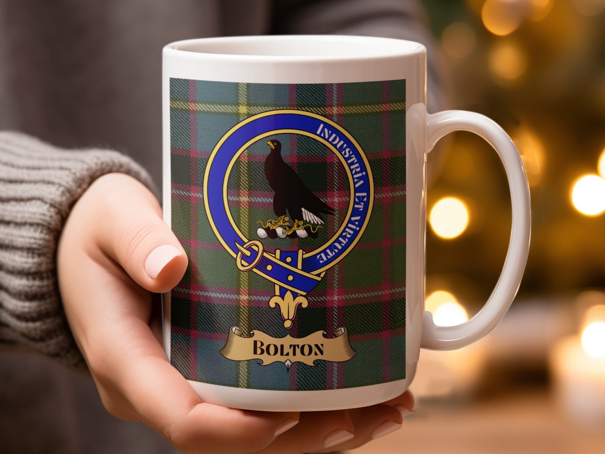 Clan Bolton Crest Badge with Tartan Background Mug - Living Stone Gifts