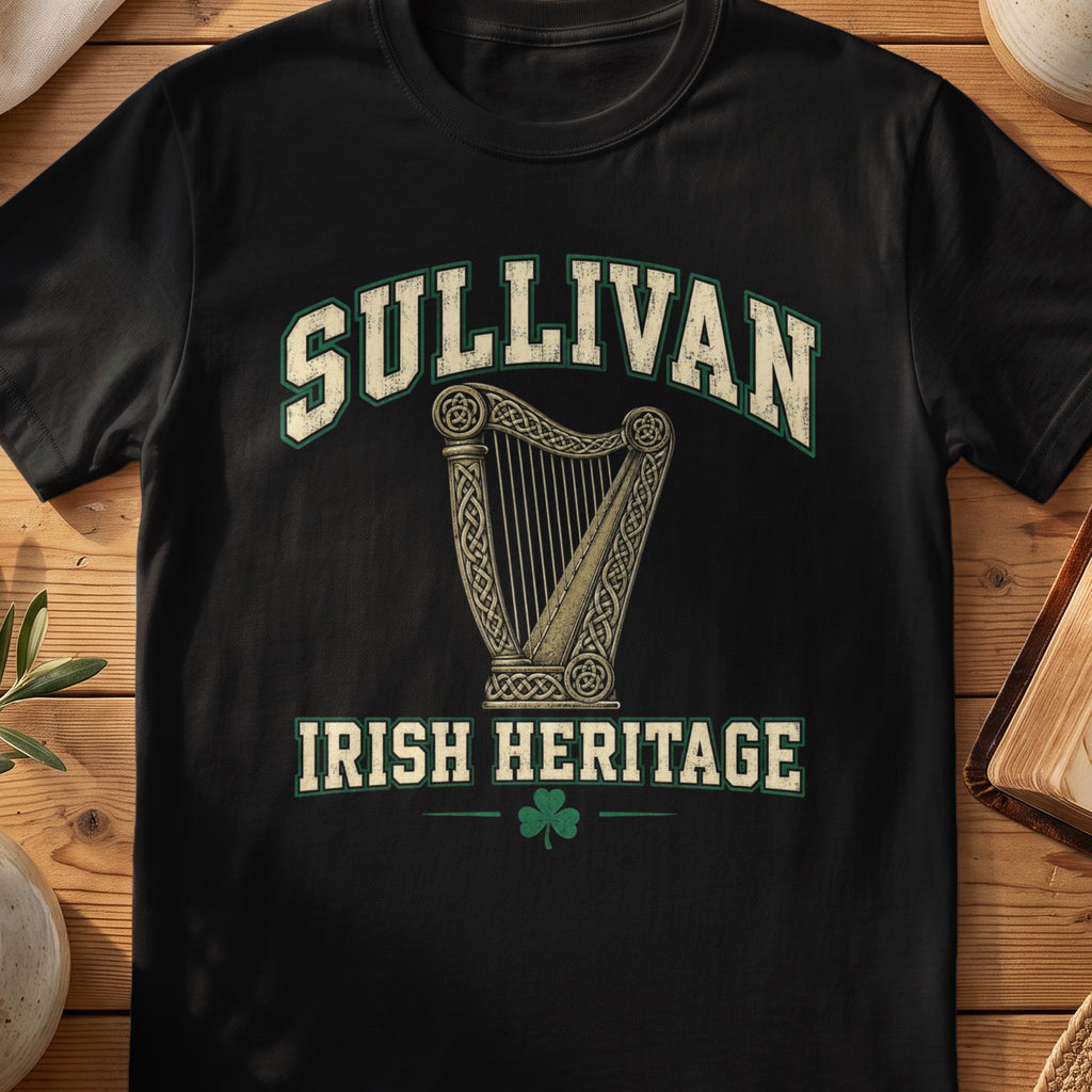 Sullivan Irish Heritage black Gildan 64000 T-shirt with Celtic harp design