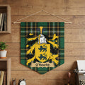O'Rourke family crest on green tartan banner.