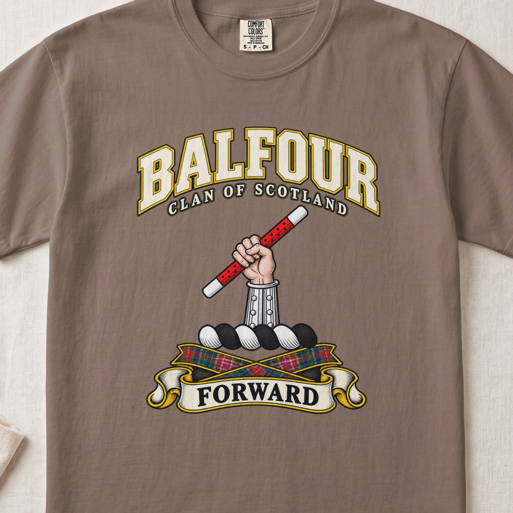 Balfour Scottish clan T-shirt in Espresso, front view with an armoured hand holding a red-and-white baton and motto design.