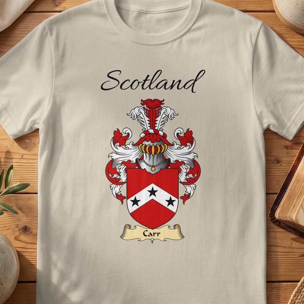 Sand Carr Scottish family shield T-shirt featuring a white chevron carrying black stars on red