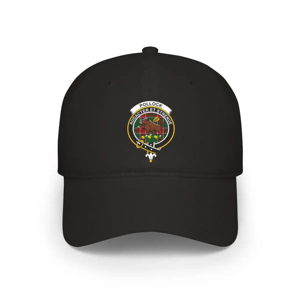 Clan Pollock crest tartan cap in black — printed Audacter et Strenue design, low-profile cotton hat