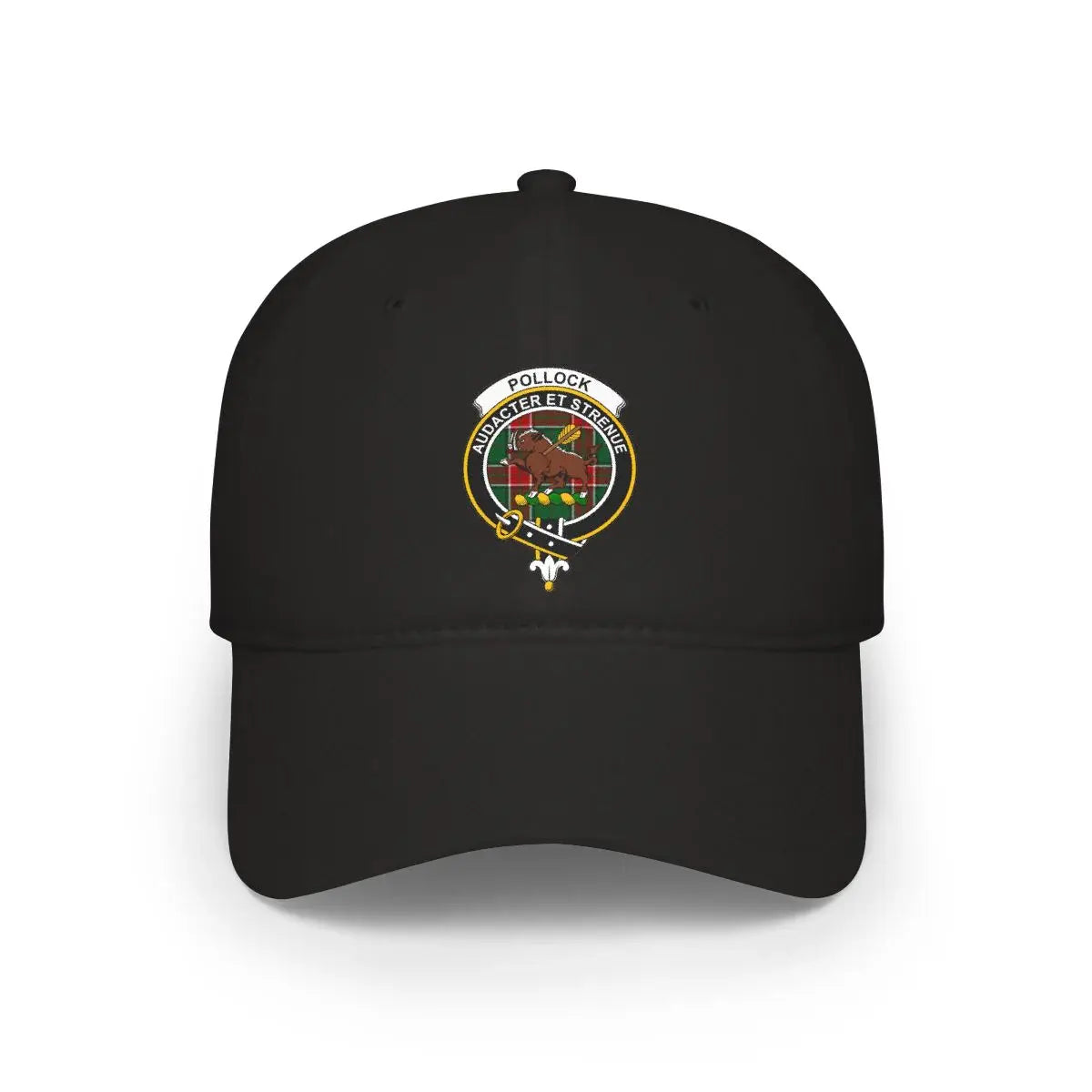 Clan Pollock crest tartan cap in black — printed Audacter et Strenue design, low-profile cotton hat