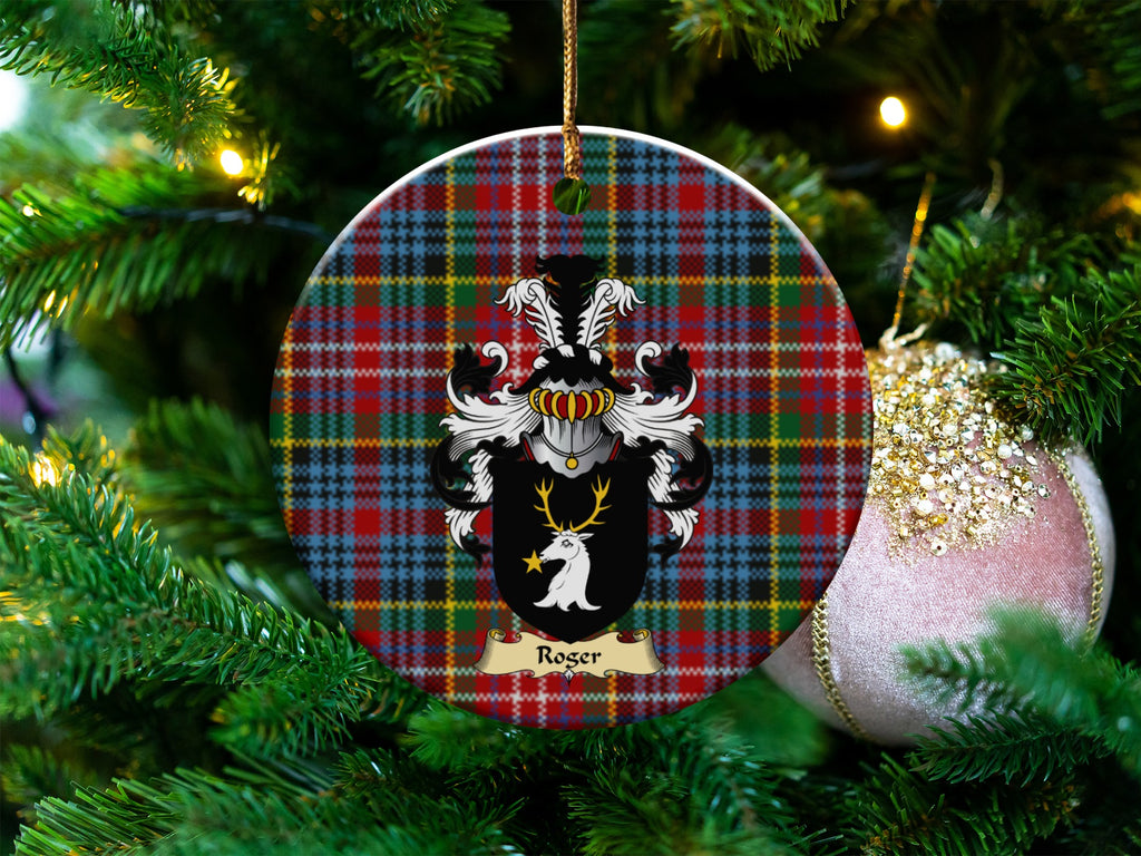 Roger Scottish clan ceramic ornament with family crest on a Caledonia tartan background, hanging on a Christmas tree