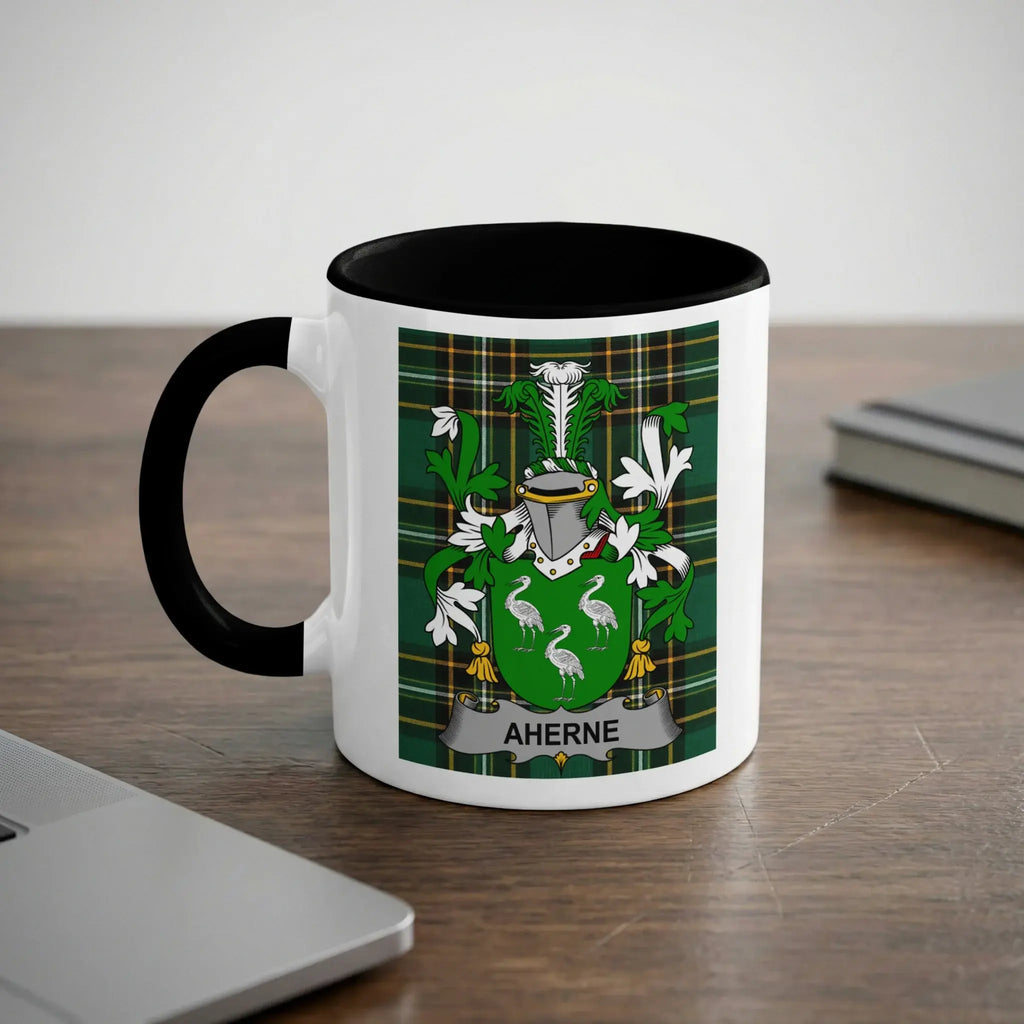 Mug with AHERNE family crest on checkered green background.