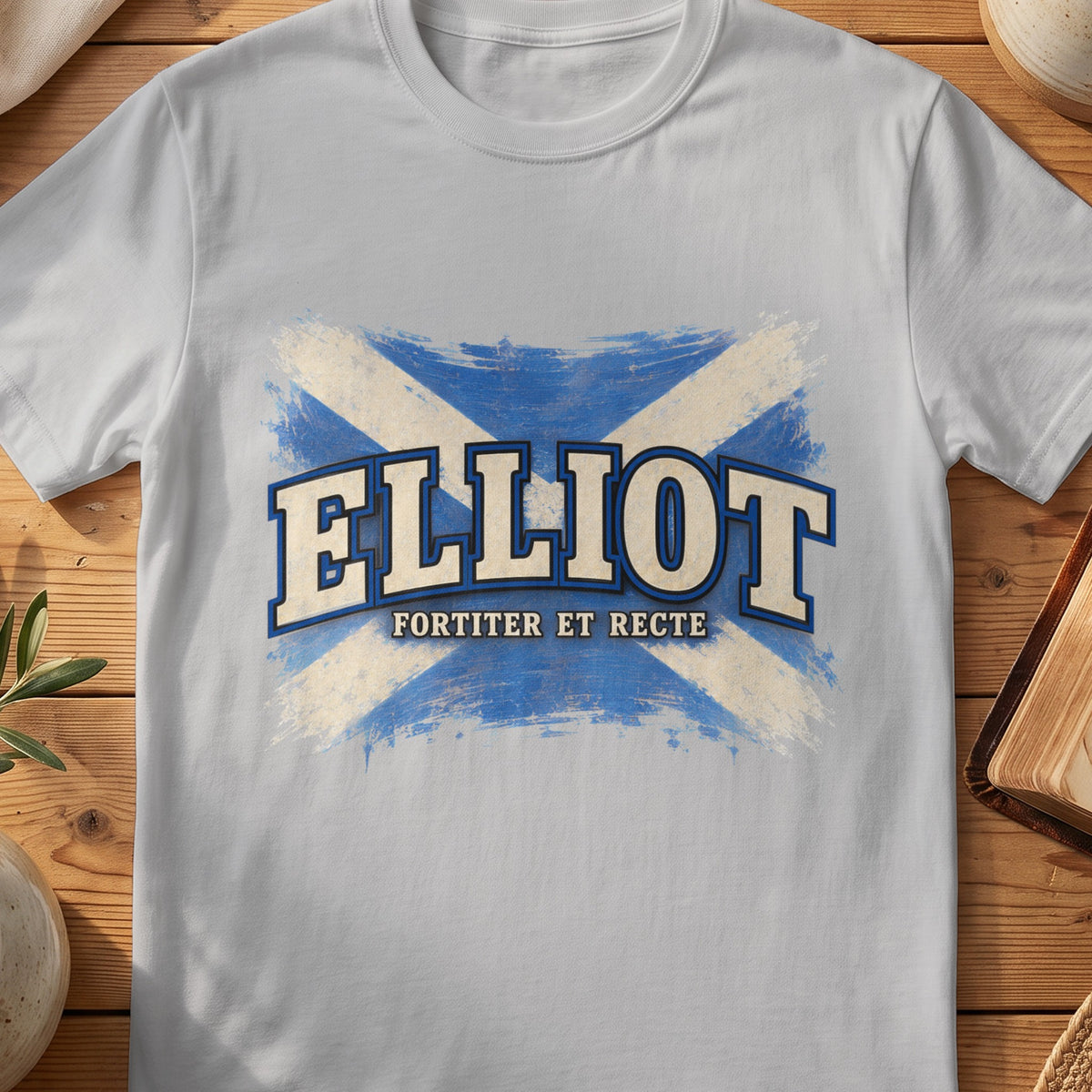 Elliot Scottish Saltire T-shirt in Sport Grey, with distressed blue and cream flag and “Fortiter et Recte” lettering.