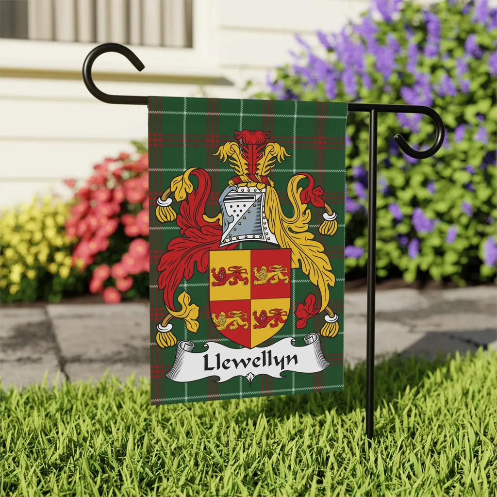 Green tartan flag with Llewellyn coat of arms displayed on a stand outdoors.