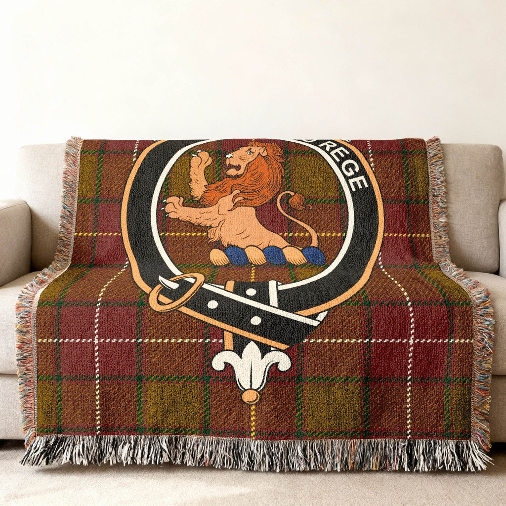MacFie Scottish tartan woven blanket laid flat — full crest and tartan pattern view
