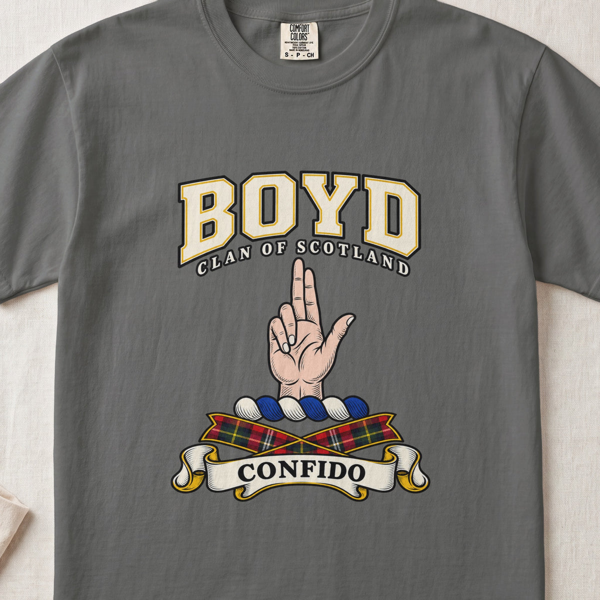 Boyd Scottish clan graphic T-shirt in Pepper, front view