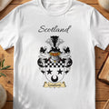 White Cousland Scottish family shield T-shirt featuring black stars and crescent below a checked top band