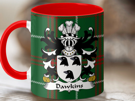 Dawkins Welsh Surname Coat of Arms on Tartan Background Mug - Living Stone Gifts