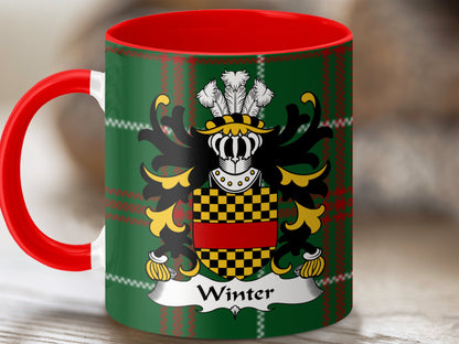 Winter Welsh Surname Coat of Arms on Tartan Background Mug - Living Stone Gifts