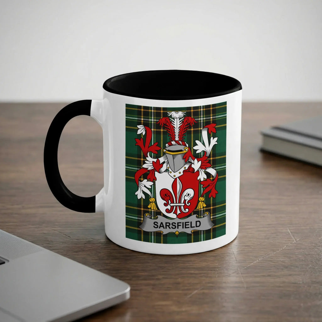 Sarsfield black accent mug with Irish National Tartan crest design