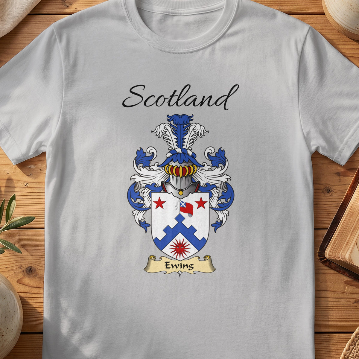 Sport Grey Ewing Scottish family shield T-shirt featuring a blue stepped chevron with red stars