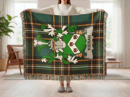 Green and gold tartan blanket with a crest featuring the name "Kieran".