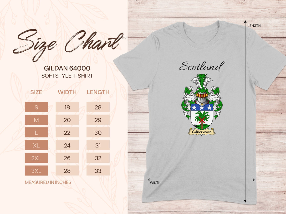 Gildan 64000 size chart for the Calderwood unisex T-shirt, sizes S to 3XL