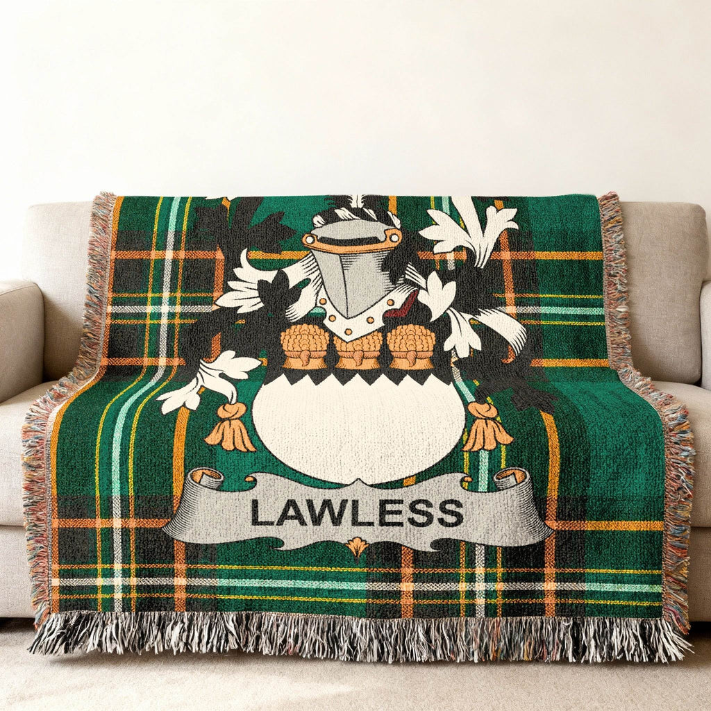 Green tartan blanket with the Lawless surname crest displayed prominently.