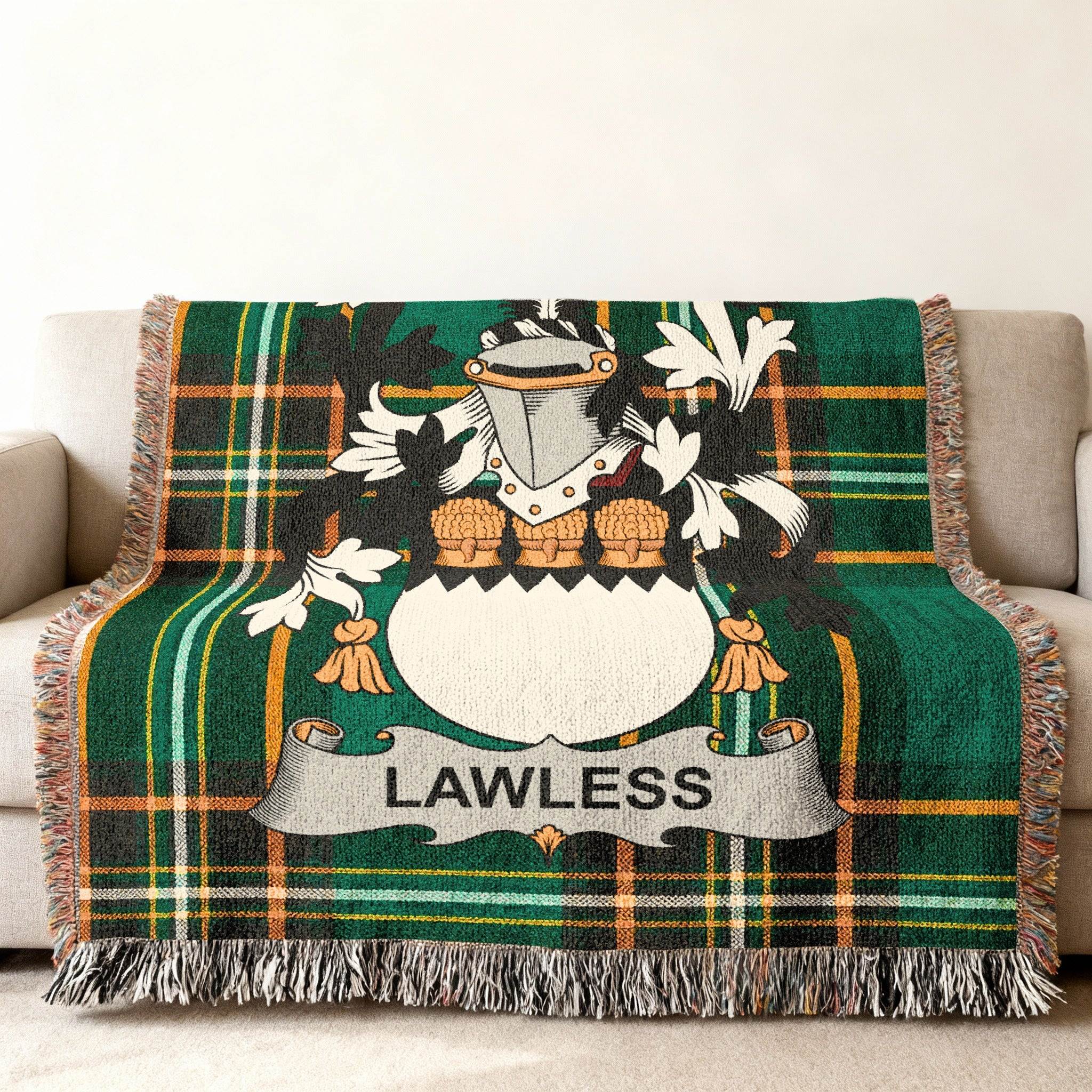 Green tartan blanket with the Lawless surname crest displayed prominently.