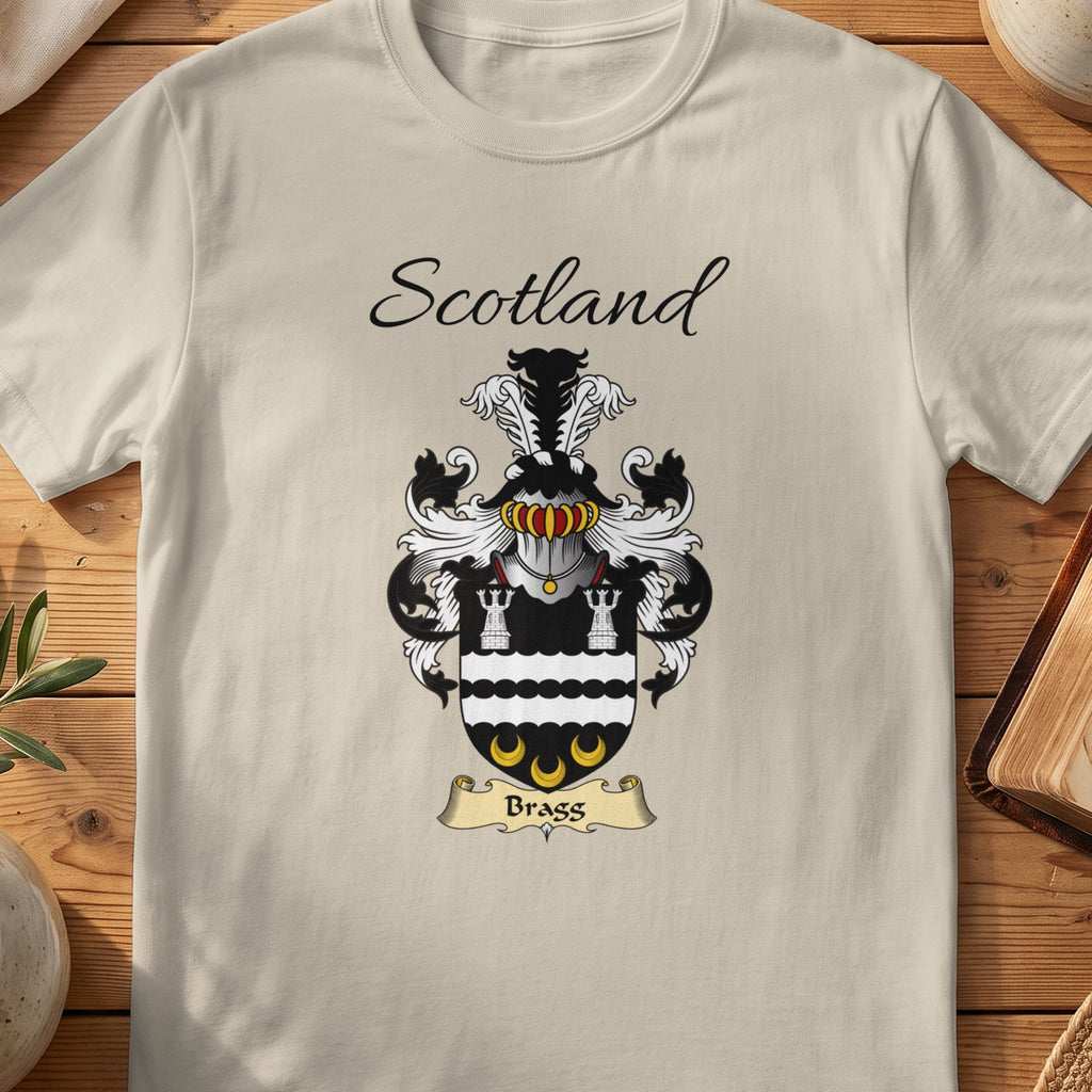 Sand Bragg Scottish family shield T-shirt featuring white towers and gold crescents on black