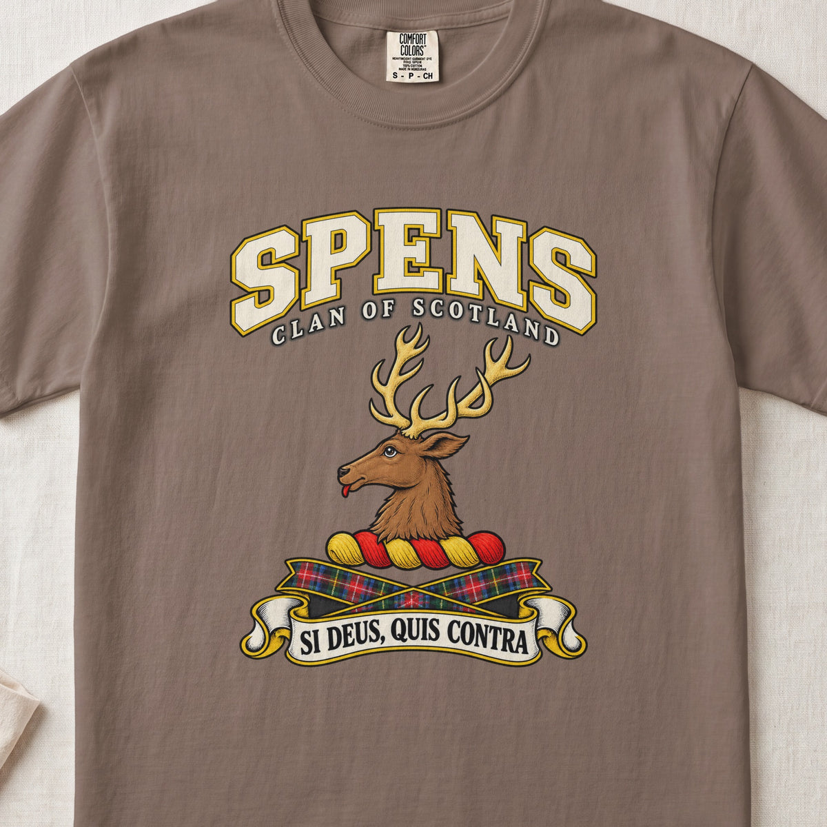 Spens Scottish clan T-shirt in Espresso, front view with a brown stag head with gold antlers and motto design.