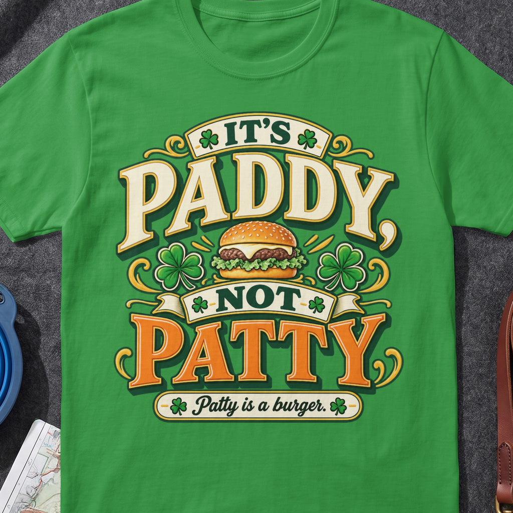 It's Paddy Not Patty funny Irish T-shirt in Irish Green, flat-lay mockup