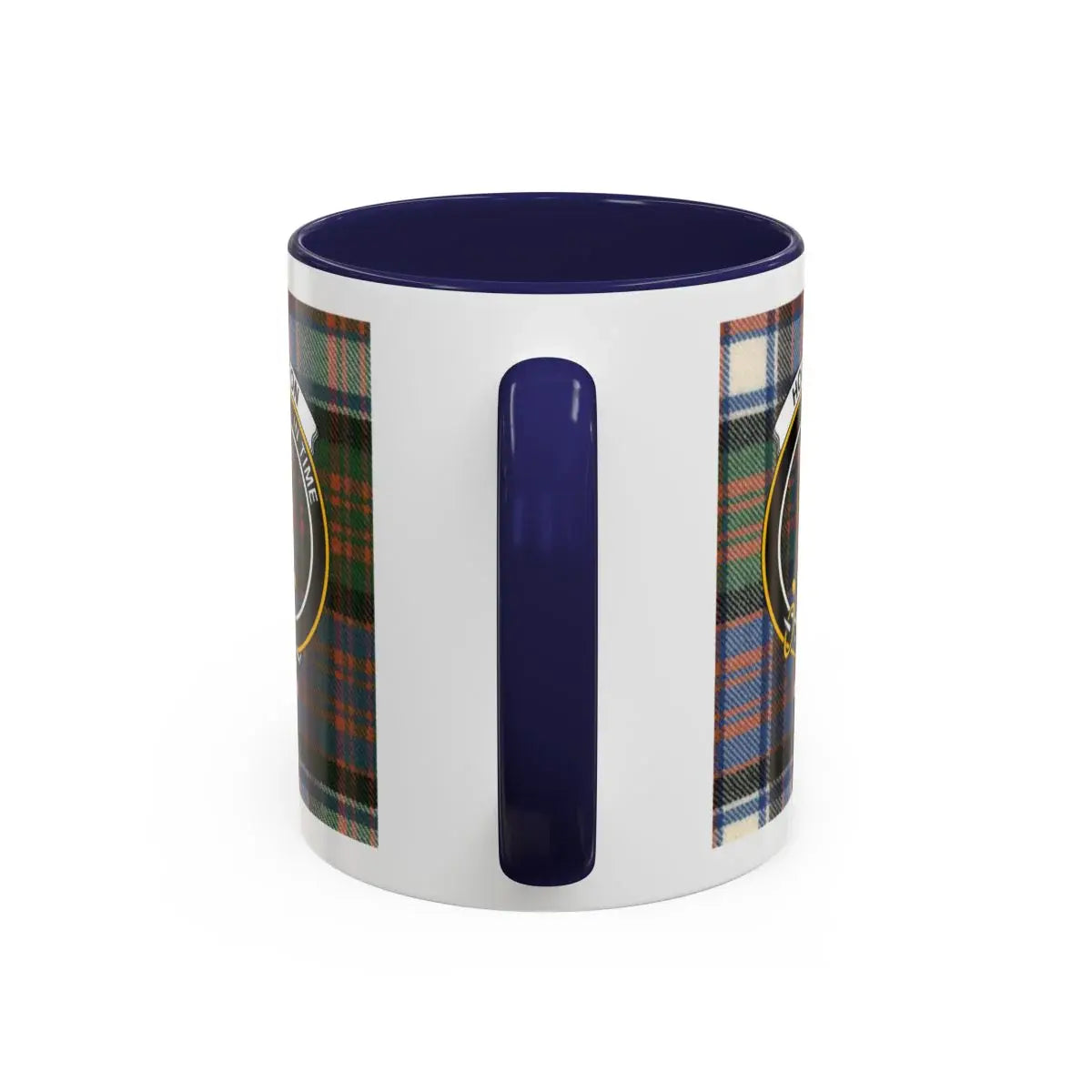 Clan Houston tartan accent mug — 15oz red handle, crest centred on white ceramic body