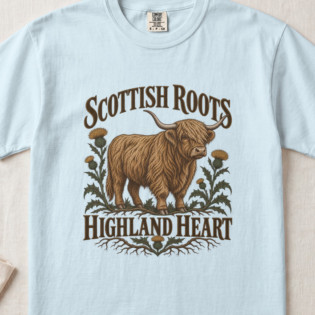 Scottish Roots, Highland Heart Highland cow design on a Chambray Comfort Colors 1717 T-shirt, flat lay