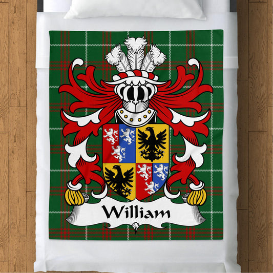 William Surname Coat of Arms on Welsh Tartan Blanket - Living Stone Gifts