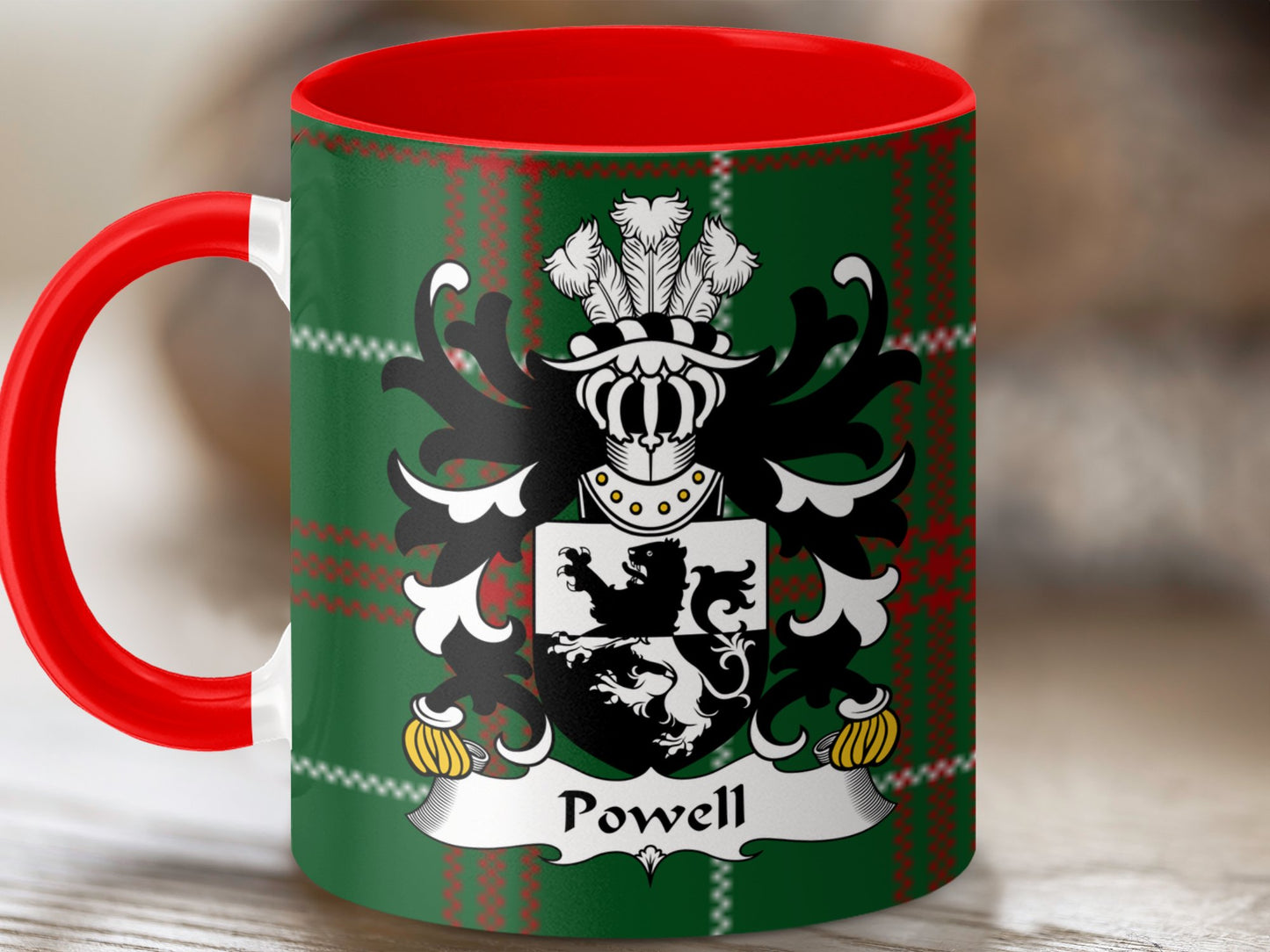 Powell Coat of Arms on Welsh National Tartan Background Mug - Living Stone Gifts