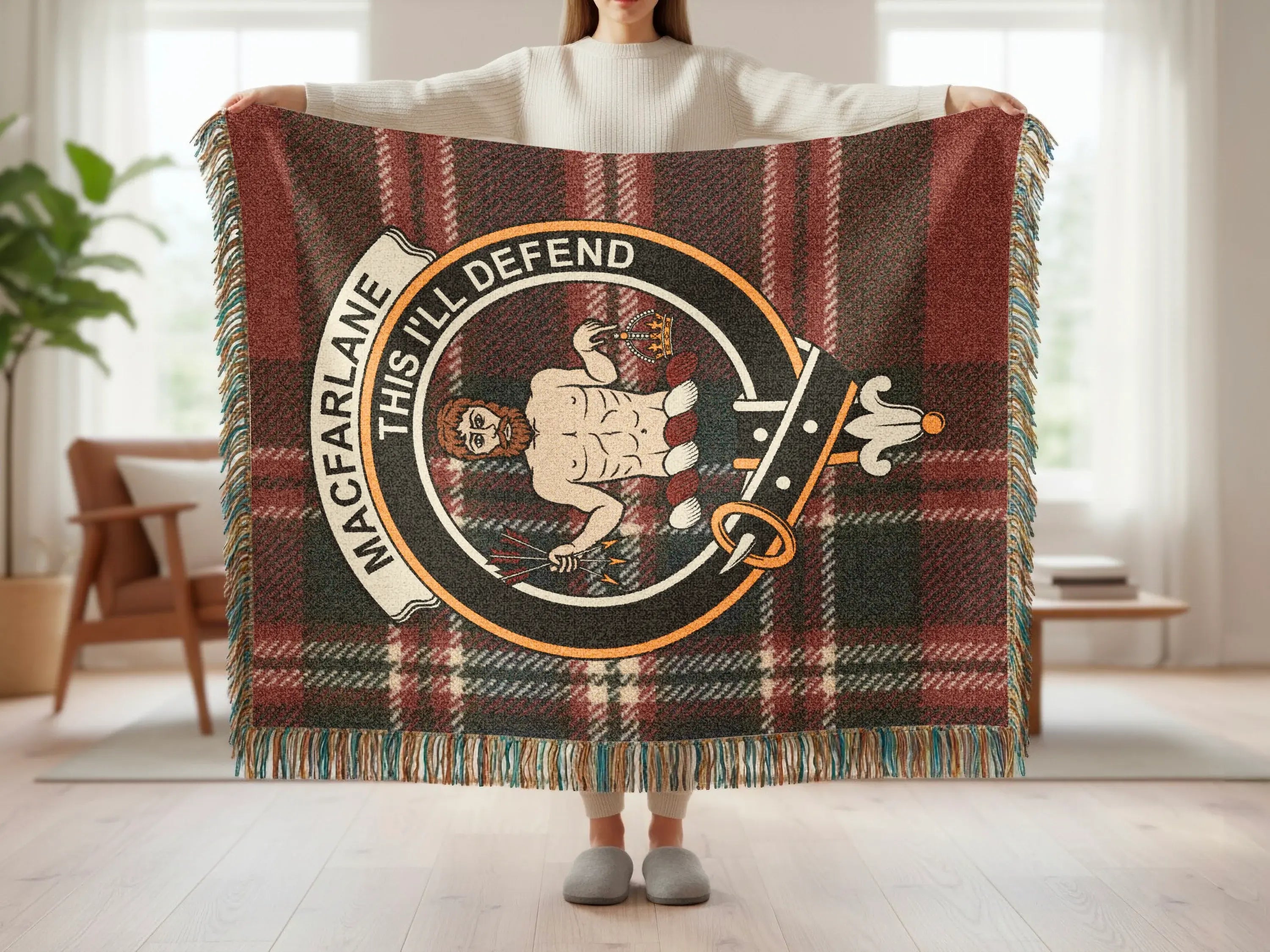 MacFarlane This I'll Defend tartan plaid woven blanket — 100% cotton with fringe edges