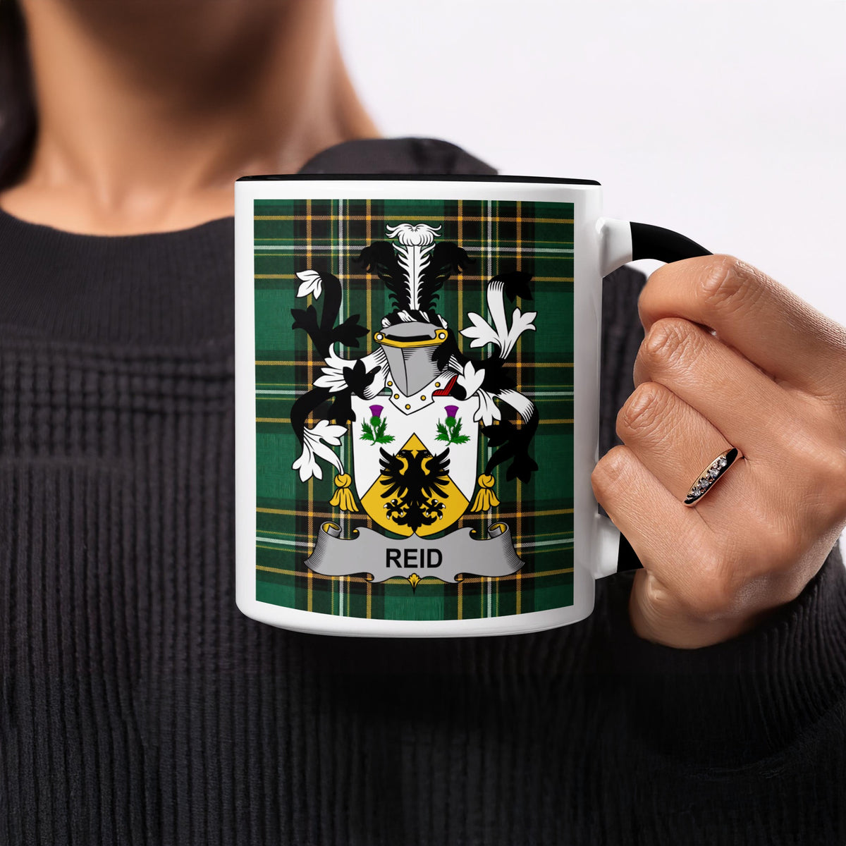 Reid surname accent mug displayed with Irish National Tartan design