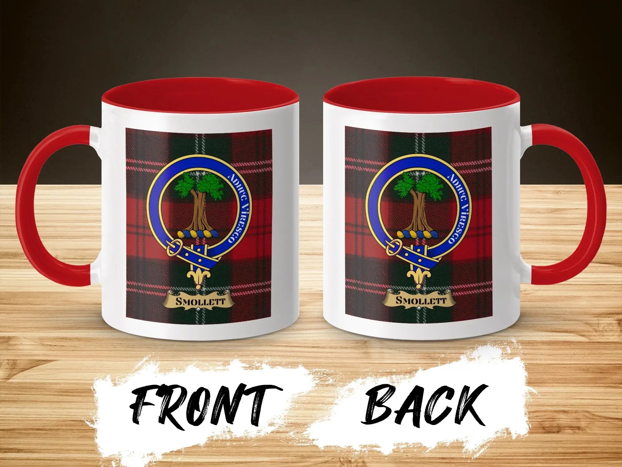 Smollett tartan-background crest mug shown as a Scottish heritage gift