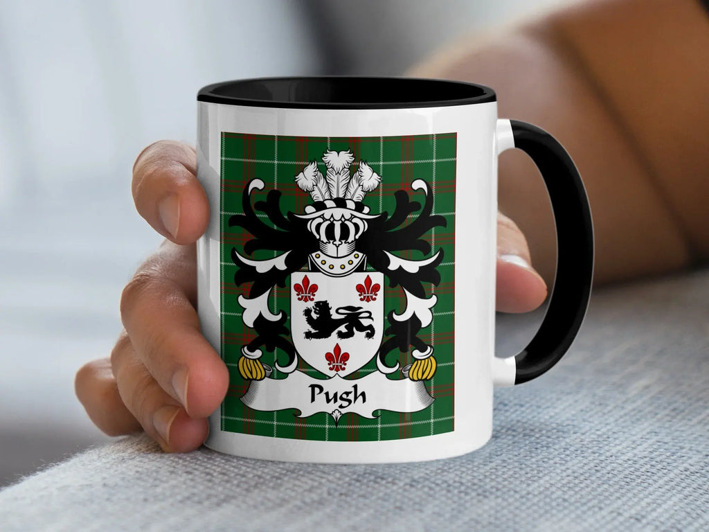Pugh Welsh coat of arms accent mug with black handle and Welsh National Tartan background