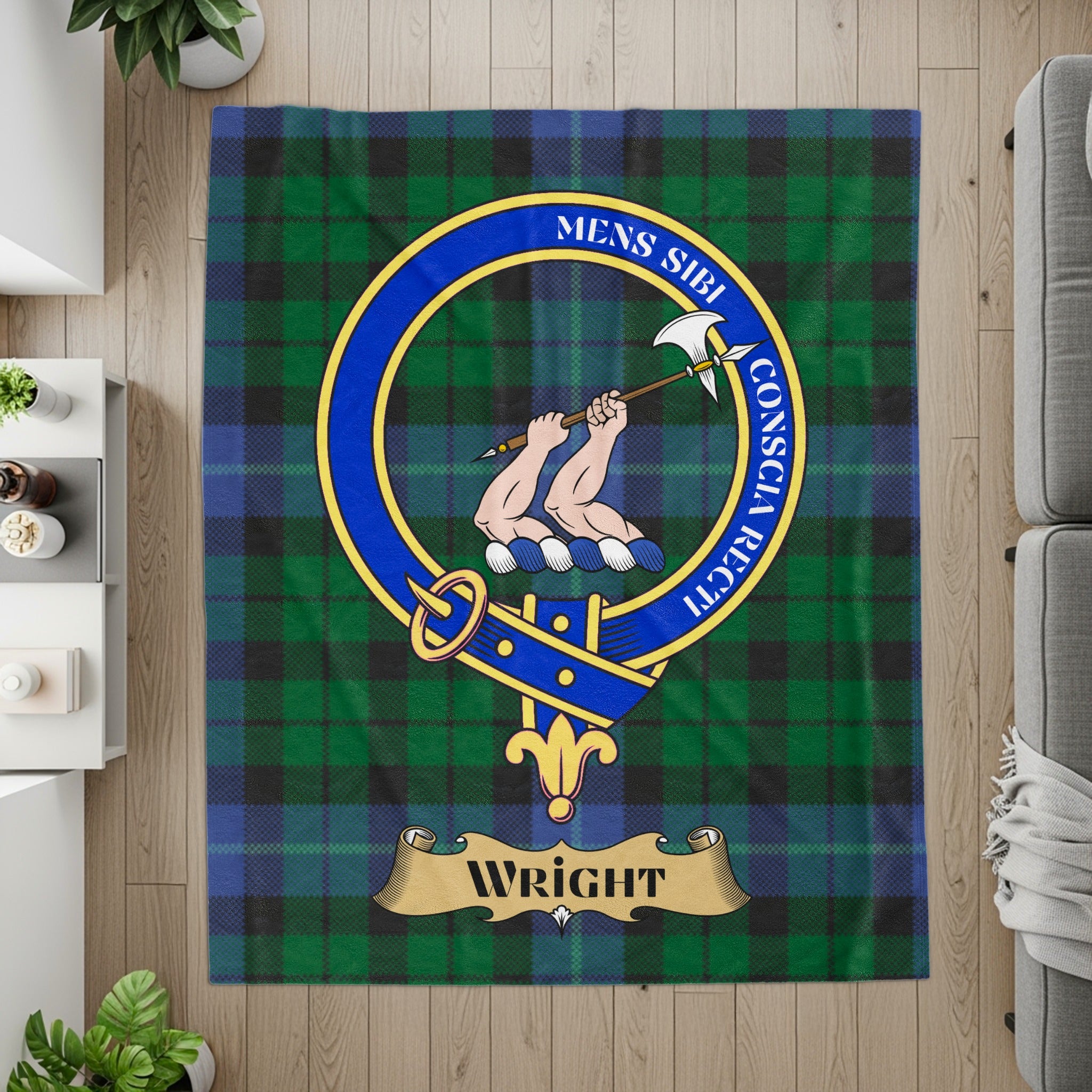 Wright crest with hands holding axe on tartan printed throw — detail