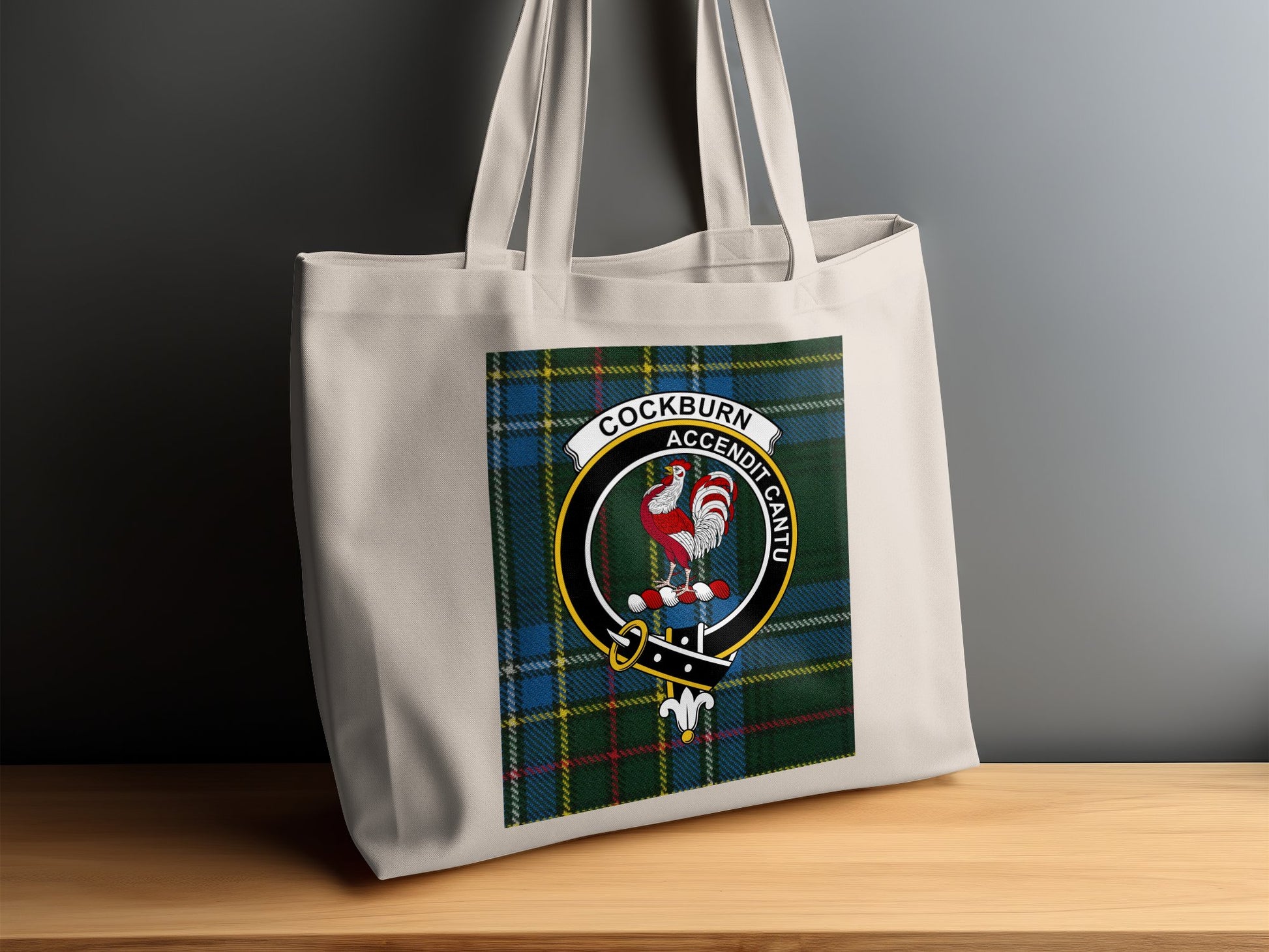 Cockburn Clan Crest on Tartan Scottish Background Tote Bag - Living Stone Gifts