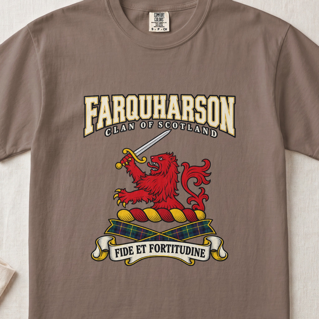 Farquharson Scottish clan graphic T-shirt in Espresso, front view