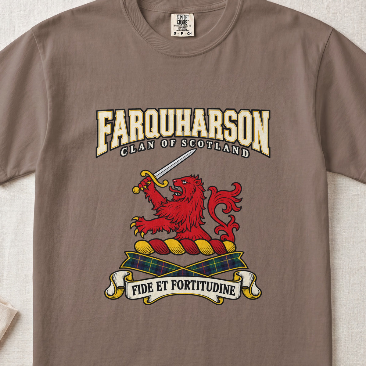 Farquharson Scottish clan graphic T-shirt in Espresso, front view
