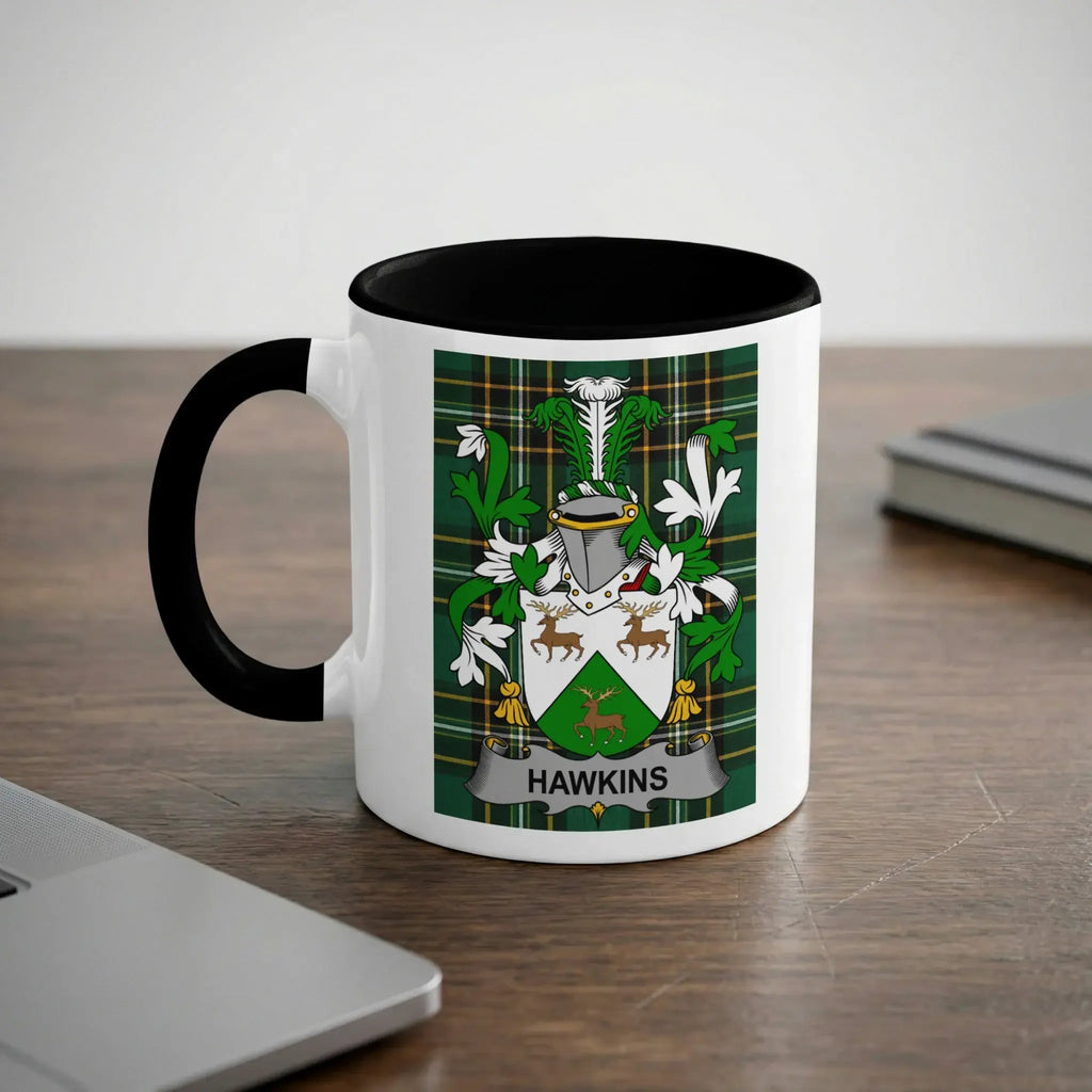 White mug with black handle featuring a green Hawkins family crest.