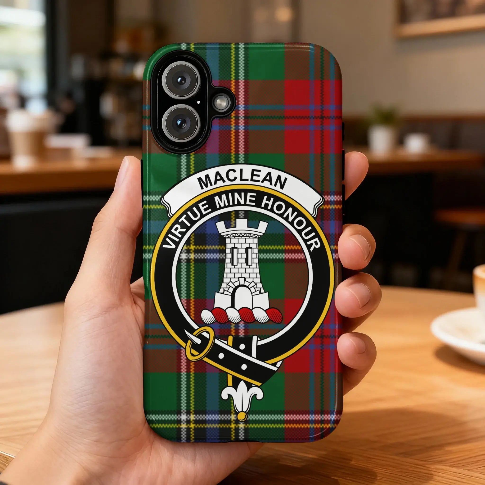 MacLean Virtue Mine Honour plaid clan crest phone case — edge-to-edge tartan design with heraldic motto