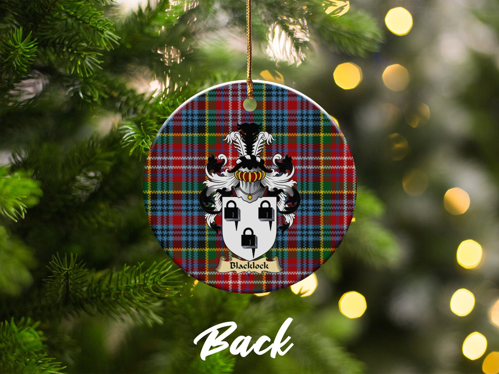 Double-sided Blacklock ceramic ornament with family shield and Caledonia tartan background