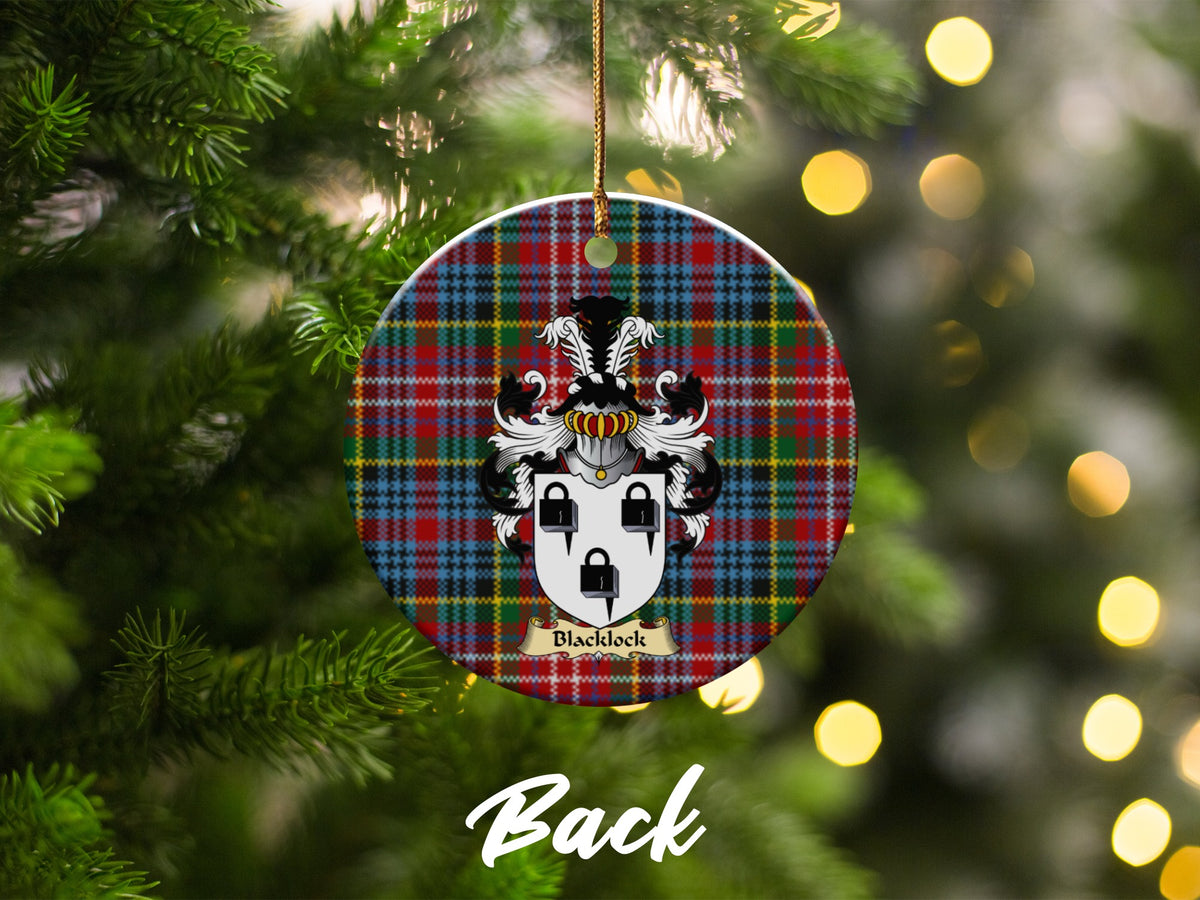 Double-sided Blacklock ceramic ornament with family shield and Caledonia tartan background